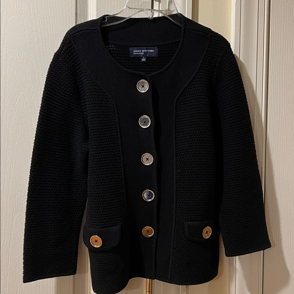 Jones New York Black Knit Cardigan with Gold Buttons